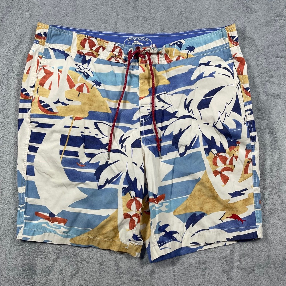Tommy Bahama Swim Trunks Mens L Blue White Tropical Beach Print Board Shorts
